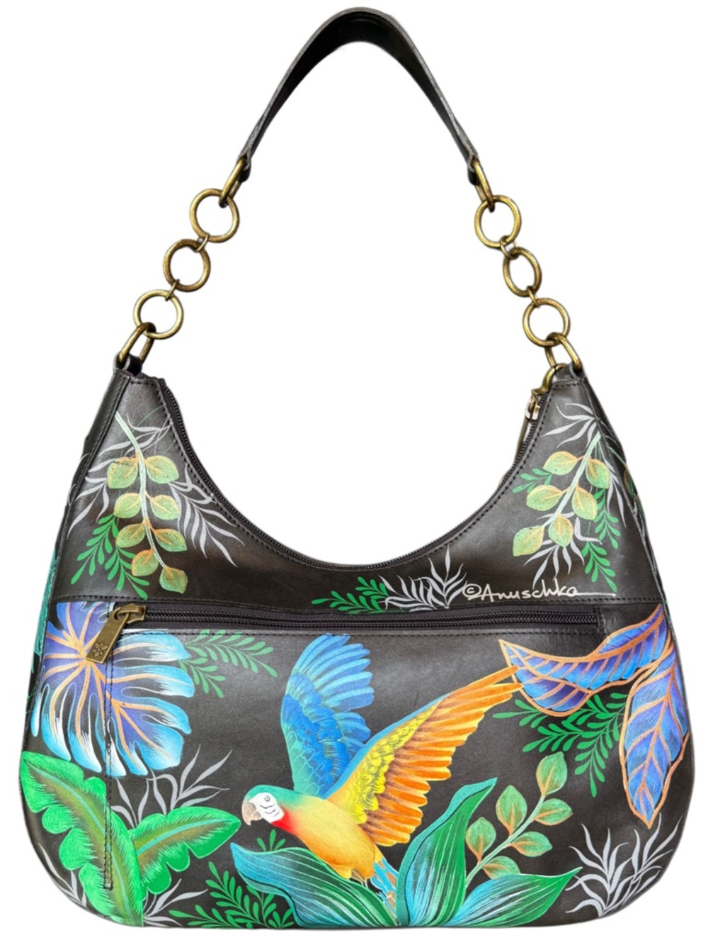 Anuschka Macaw Forest Painted & Embroidered Hobo Bag w/ Macaw Bag Charm - Picture 2 of 11